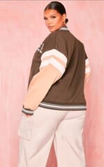 Women's Brown Varsity Leather Bomber Jacket - Image 2