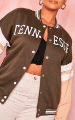 Women's Brown Varsity Leather Bomber Jacket - Image 3