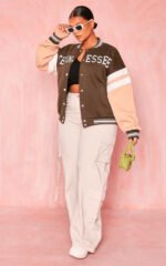 Women's Brown Varsity Leather Bomber Jacket - Image 4