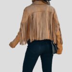 Women's Camel Chic Cropped Tassel Fringe Suede Moto Jacket - Image 2