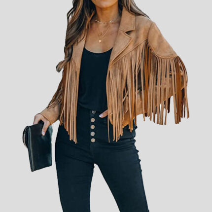 Women's Camel Chic Cropped Tassel Fringe Suede Moto Jacket