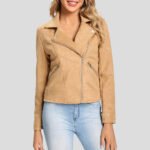 Women's Camel Suede Leather Motorcycle Biker Jacket