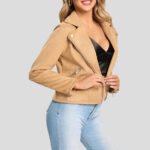 Women's Camel Suede Leather Motorcycle Biker Jacket - Image 2