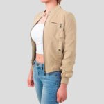 Women's Casual Suede Ribbed Hem Zip Up Bomber Short Jacket - Image 2