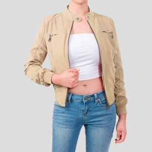 Women's Casual Suede Ribbed Hem Zip Up Bomber Short Jacket
