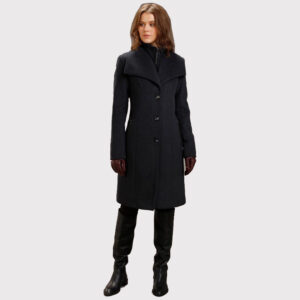 Women's Charcoal Wool Coat with Double Collar Style