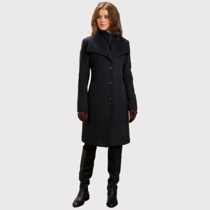 Women's Charcoal Wool Coat with Double Collar Style