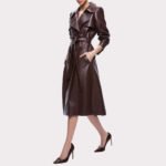 Fall 2023 Women's Chocolate Brown Leather Trench Coat - Image 3