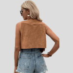 Women's Coffee Brown Suede Fringe Trim Sleeveless Crop Vest - Image 2