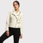 Women's Cream Lambskin Leather Jacket with Multi-Stitched Sleeves - Image 3