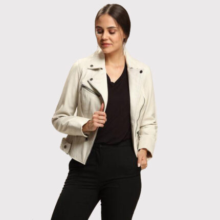 Women's Cream Lambskin Leather Jacket with Multi-Stitched Sleeves