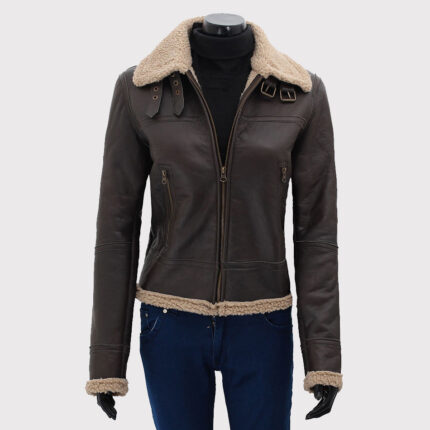 Women's Dark Brown Leather Bomber Jacket with Shearling Fur