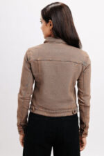 Women’s Distressed Denim Trucker Jacket - Brown Casual Style - Image 3