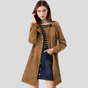 Women's Double Breasted Suede Trench Coat Jacket with Belt