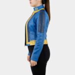 Women's Fallout 33 Blue and Gold Leather Cosplay Jacket - Image 3