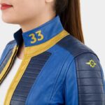 Women's Fallout 33 Blue and Gold Leather Cosplay Jacket - Image 4