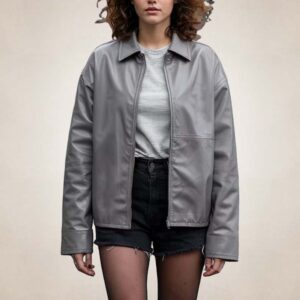 Women's Gray Leather Bomber Jacket Minimalist Street Style