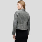 Women's Gray Suede Leather Biker Jacket - Image 2