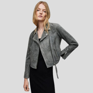 Women's Gray Suede Leather Biker Jacket