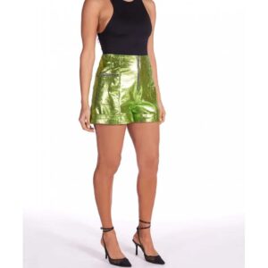 Women's Green Laminated Lamb Leather Unlined Shorts