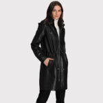Women's Hooded Black Lamb Leather Coat with Zip Front - Image 3