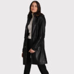 Women's Hooded Black Lamb Leather Coat with Zip Front