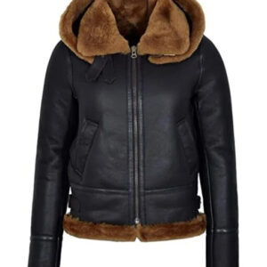 Women's Hooded Black Sherpa Leather Aviator Jacket