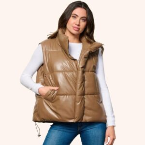 Women Khaki Sleeveless Puffer Vest ? Zip-Up with Pockets