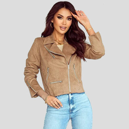 Women's Khaki Suede Moto Biker Short Coat Jacket