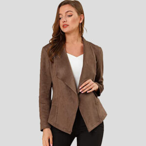 Women's Light Brown Suede Open Front Lapel Jacket