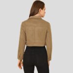 Women's Light Khaki Suede Leather Crop Moto Biker Jacket - Image 2