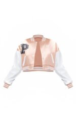 Women's Light Pink Varsity Leather Bomber Jacket - Image 5