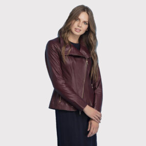 Women's Maroon Leather Jacket with Detailed Stitched Collar