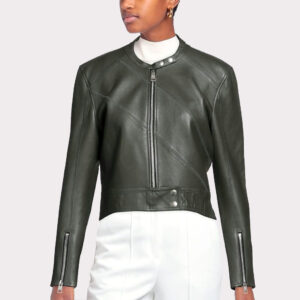 Military Green Leather Jacket for Women - Fashionable Outerwear