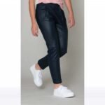 Women's Navy Blue Lambskin Leather Jogger Pants - Image 3