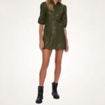 Women's Olive Green Sheepskin Leather Shirt Dress - Image 4