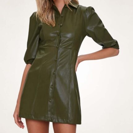 Women's Olive Green Sheepskin Leather Shirt Dress
