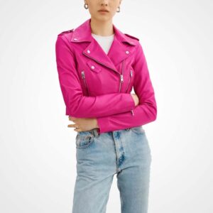 Women's Pink Cropped Lambskin Leather Biker Jacket