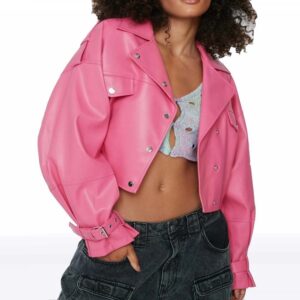 Women's Pink Cropped Leather Biker Jacket ? Short Moto Style