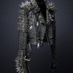 Women's Genuine Punk Style Leather Jacket with Large Silver Spikes and Studs