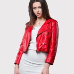 Women's Red Cropped Leather Motorbike Biker Jacket - Image 2