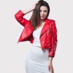 Women's Red Cropped Leather Motorbike Biker Jacket - Image 4