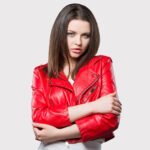 Women's Red Cropped Leather Motorbike Biker Jacket - Image 5