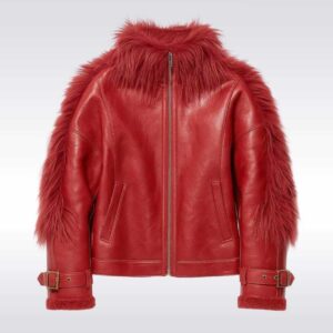 Women?s Red Faux Fur Shearling Leather Jacket