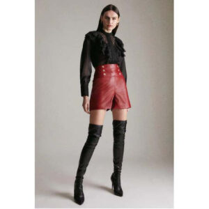 Women's Red High-Waist Military Button Leather Shorts