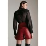 Women's Red High-Waist Military Button Leather Shorts - Image 2