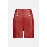 Women's Red High-Waist Military Button Leather Shorts - Image 3