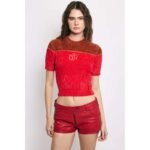 Women's Red Low-Rise Nappa Leather Micro Shorts - Image 3