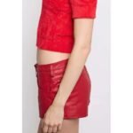 Women's Red Low-Rise Nappa Leather Micro Shorts - Image 4