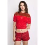 Women's Red Low-Rise Nappa Leather Micro Shorts - Image 5